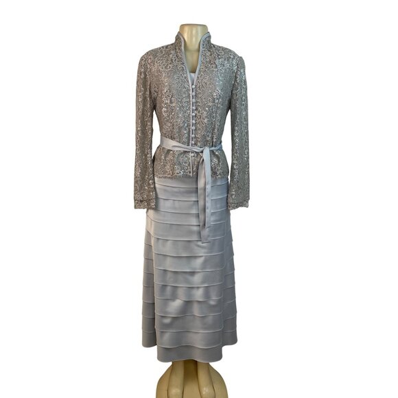 JS Collections Womens Silver Lace Jacket & Tiered Satin Skirt Formal Set Sz 2 - Picture 1 of 16